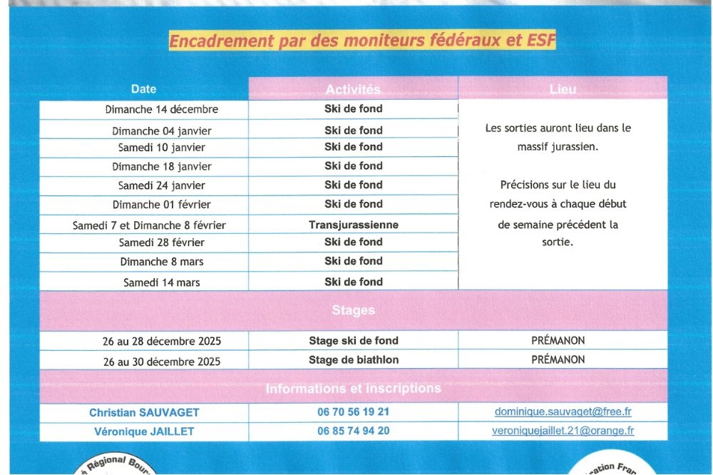 Le calendrier des sorties de ski de fond 2025 - 2026