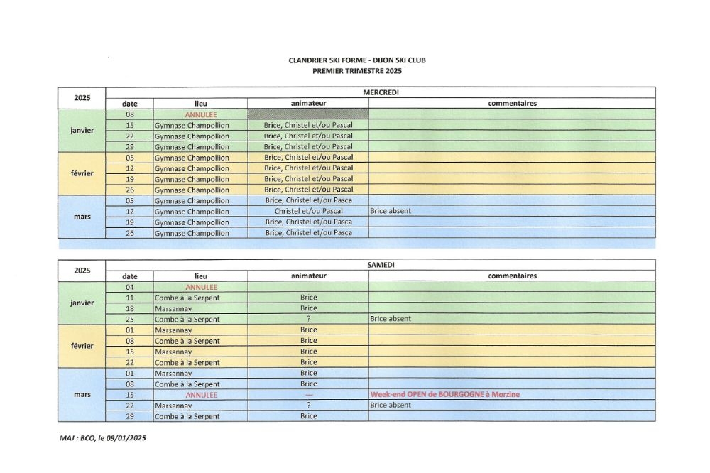 les informations générales et le calendrier des séances Ski-Forme 2024 - 2025 :